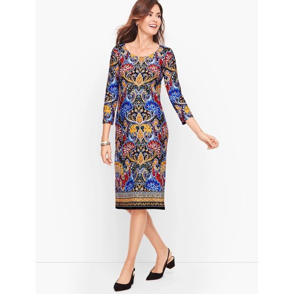 Talbots 3/4 Sleeve Jersey Paisley Shift Dress Multicolor Sz Medium Petite Boho - Picture 3 of 13